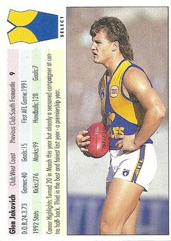 1993 Select AFL #9 Glen Jakovich Back